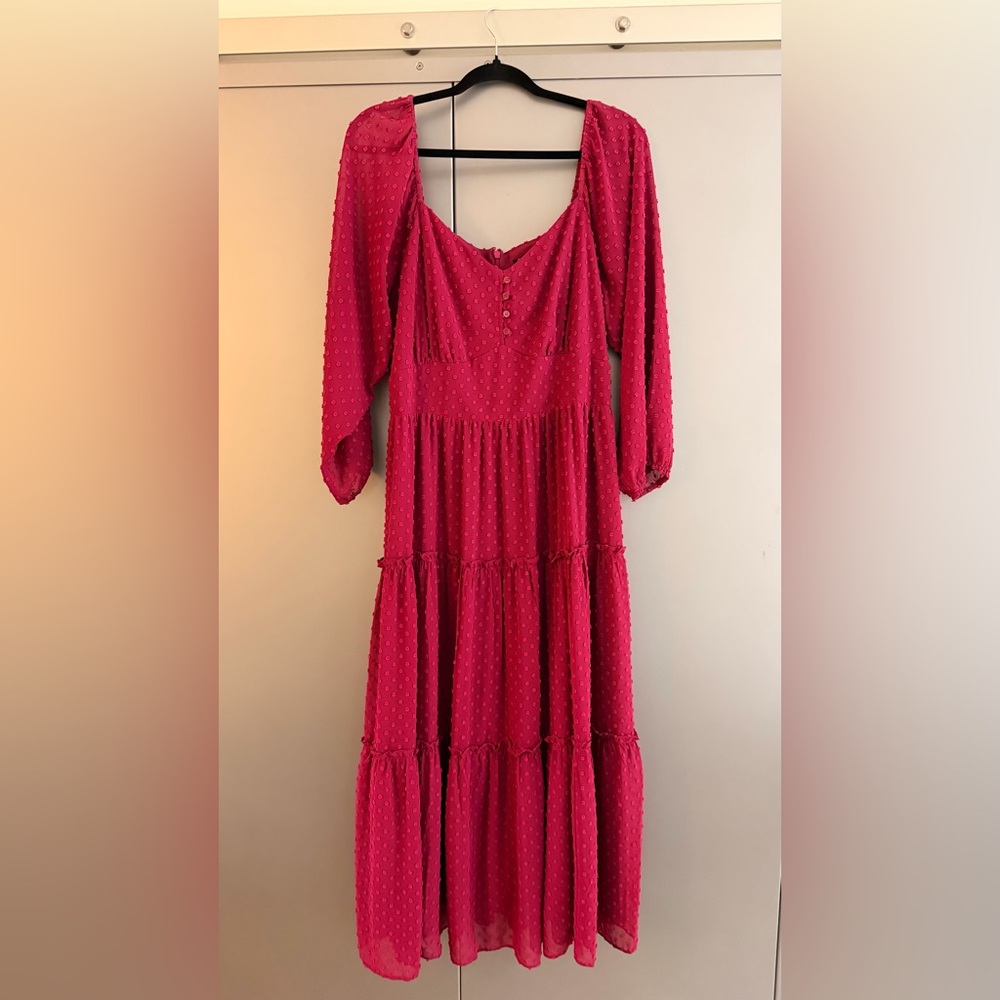 J. Crew Fuchsia Swiss Dot Tiered Midi Dress size 14